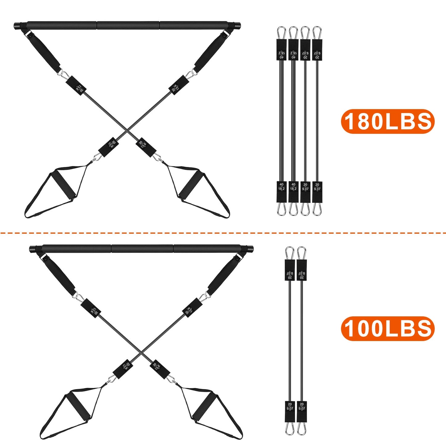 100LBS OR 180LBS Band Options - 1Pc Pilates Bar Kit Multifunctional Pilates Yoga Toning Bar Full Body Exercise Equipment Set For Beginners Intermediates Professionals 4 Elastic Resistance Bands - Active Health Gear