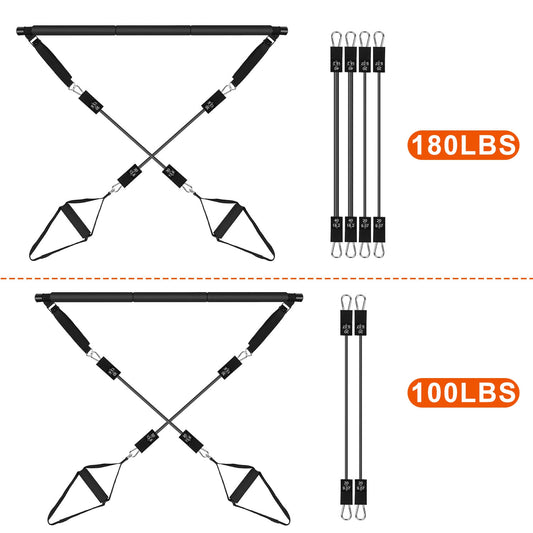 100LBS OR 180LBS Band Options - 1Pc Pilates Bar Kit Multifunctional Pilates Yoga Toning Bar Full Body Exercise Equipment Set For Beginners Intermediates Professionals 4 Elastic Resistance Bands - Active Health Gear
