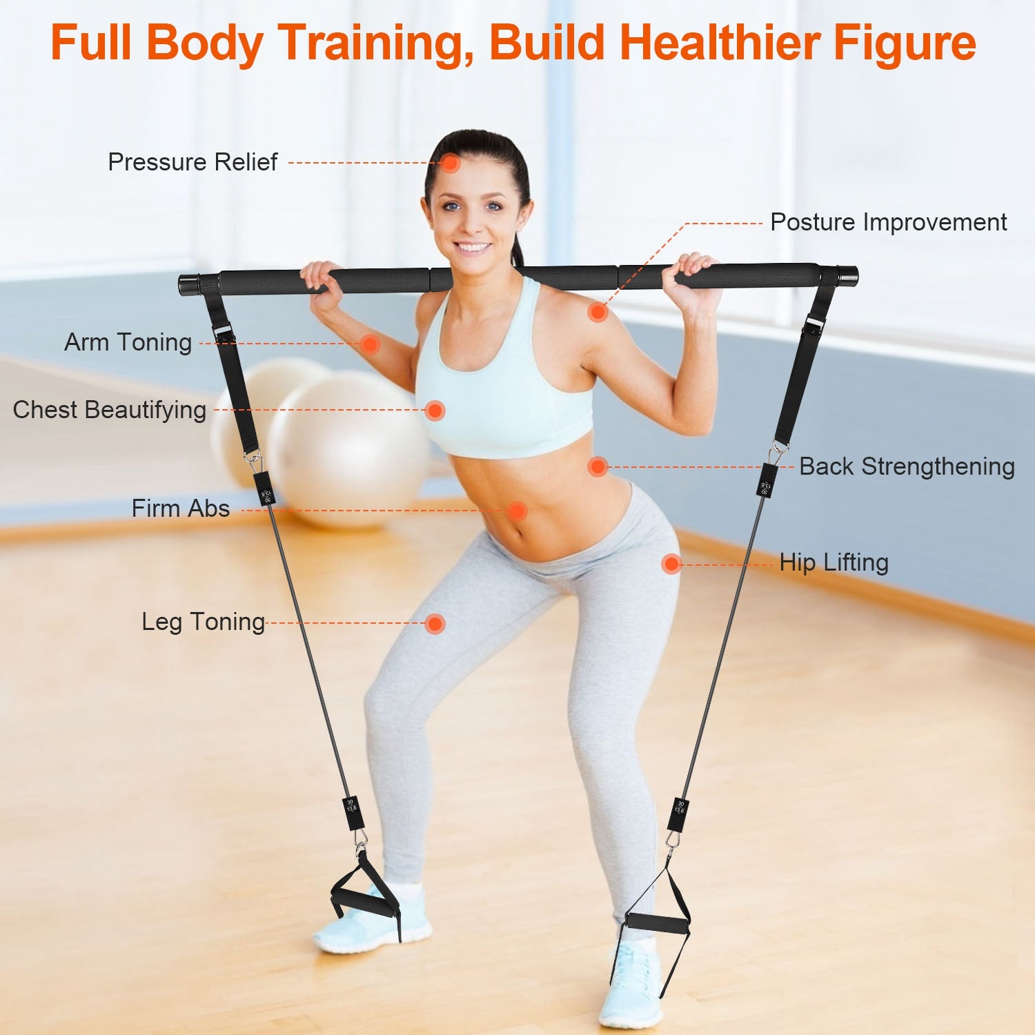 100LBS OR 180LBS Band Options - 1Pc Pilates Bar Kit Multifunctional Pilates Yoga Toning Bar Full Body Exercise Equipment Set For Beginners Intermediates Professionals 4 Elastic Resistance Bands - Active Health Gear