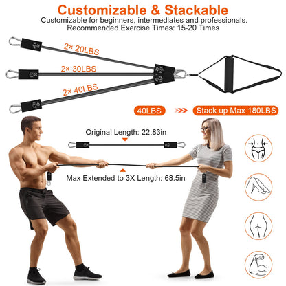 100LBS OR 180LBS Band Options - 1Pc Pilates Bar Kit Multifunctional Pilates Yoga Toning Bar Full Body Exercise Equipment Set For Beginners Intermediates Professionals 4 Elastic Resistance Bands - Active Health Gear