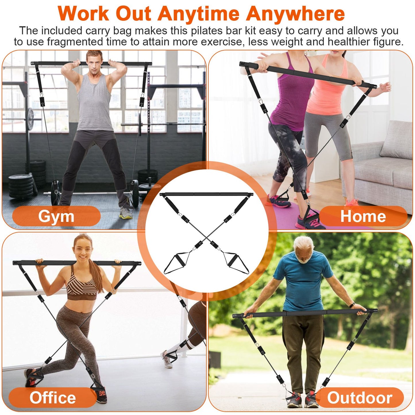 100LBS OR 180LBS Band Options - 1Pc Pilates Bar Kit Multifunctional Pilates Yoga Toning Bar Full Body Exercise Equipment Set For Beginners Intermediates Professionals 4 Elastic Resistance Bands - Active Health Gear