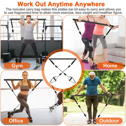 100LBS OR 180LBS Band Options - 1Pc Pilates Bar Kit Multifunctional Pilates Yoga Toning Bar Full Body Exercise Equipment Set For Beginners Intermediates Professionals 4 Elastic Resistance Bands - Active Health Gear